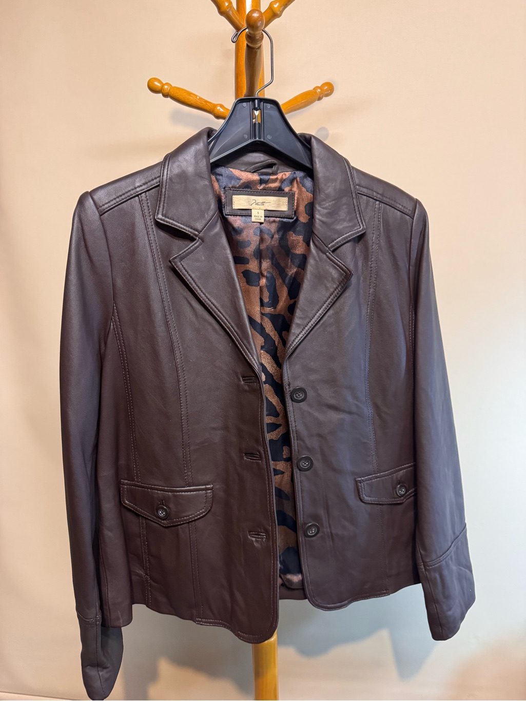 Womenâs Niotto Brown Leather Blazer Jacket - Tailored Style With Leopard Print